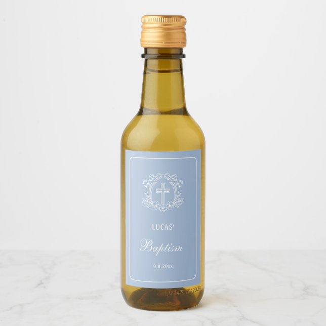 Simple Floral Cross on Light Blue Baptism Wine Label (Front)
