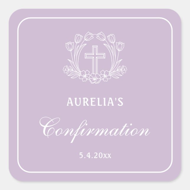 Simple Floral Cross on Lilac Confirmation Square Sticker (Front)
