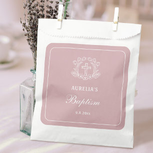 Simple Floral Cross on Pink Baptism Favour Bags
