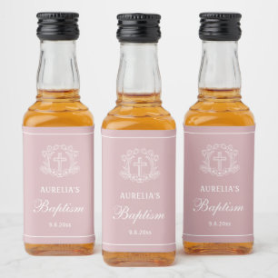 Simple Floral Cross on Pink Baptism Liquor Bottle Label