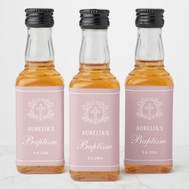 Simple Floral Cross on Pink Baptism Liquor Bottle Label (Bottles)