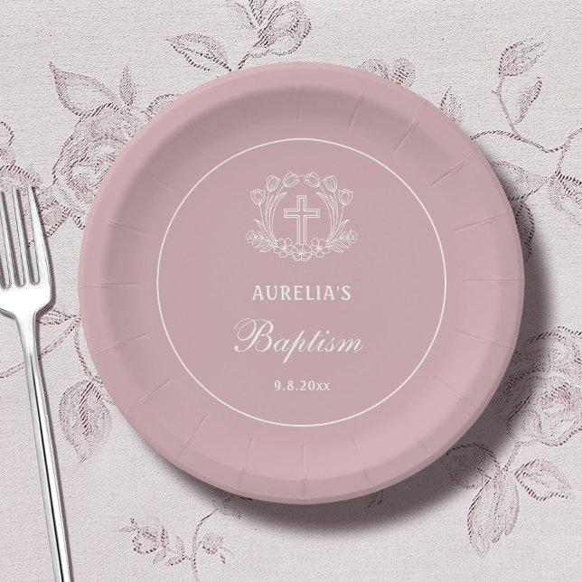 Simple Floral Cross on Pink Baptism Paper Plate (Creator Uploaded)