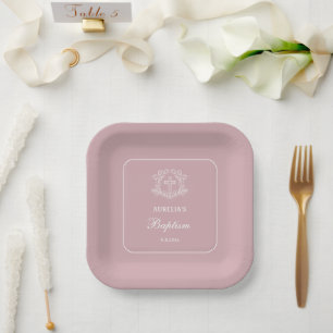 Simple Floral Cross on Pink Baptism Square Paper Plate