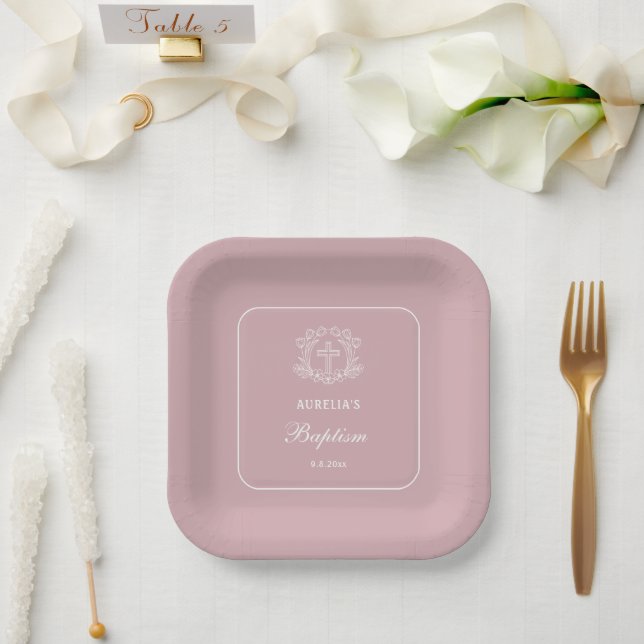 Simple Floral Cross on Pink Baptism Square Paper Plate (Wedding)