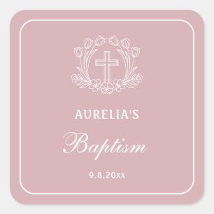 Simple Floral Cross on Pink Baptism Square Sticker