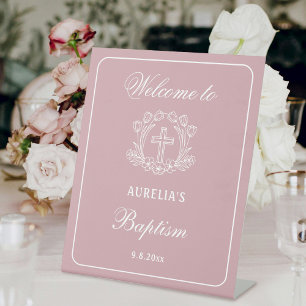 Simple Floral Cross on Pink Baptism Welcome Pedestal Sign