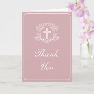 Simple Floral Cross on Pink Religious Thank You Card