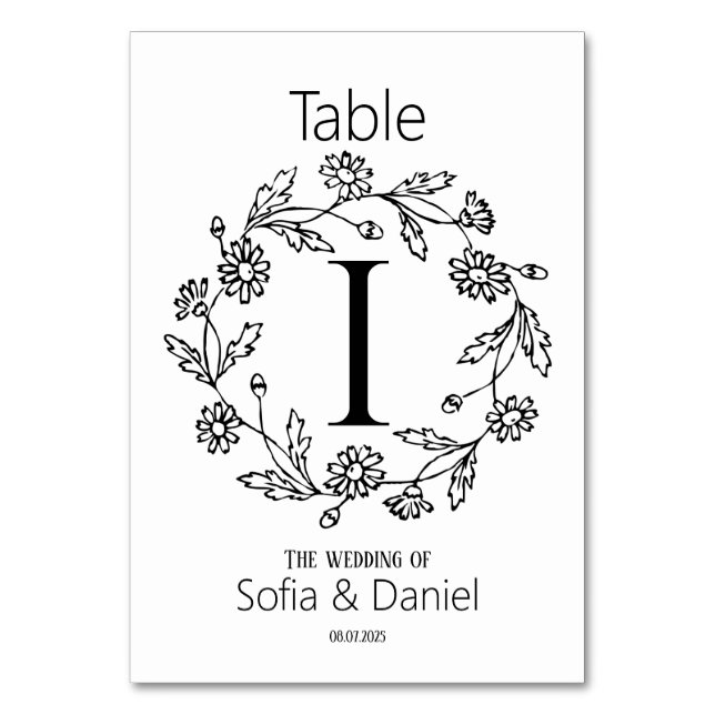 Simple floral daisy outline wedding  table number (Front)