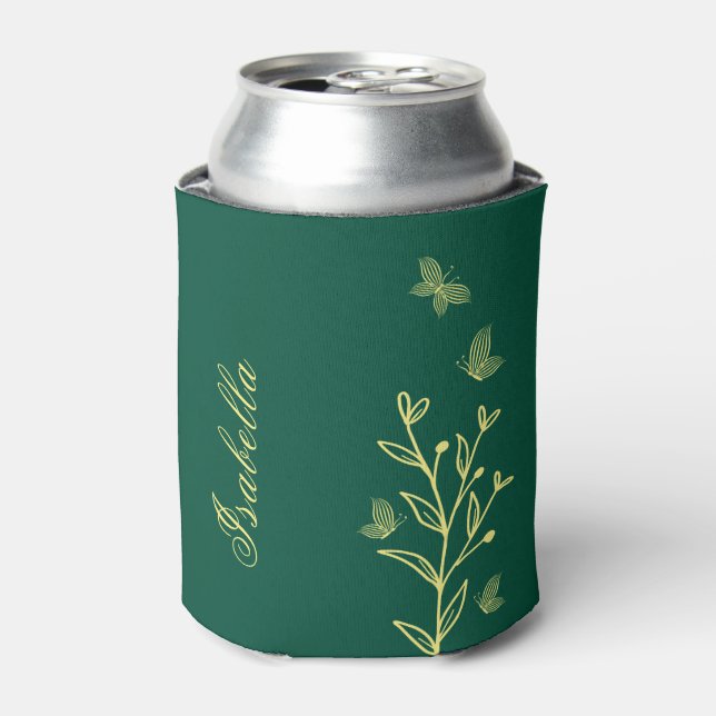 Simple floral emerald green can cooler (Can Front)