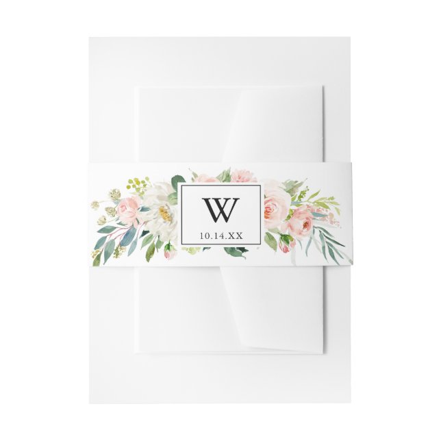 Simple Floral Foliage Monogram Wedding Invitation Belly Band (Front Example)