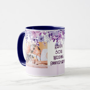 SIMPLE FLORAL FRAME 50TH WEDDING ANNIVERSARY MUG