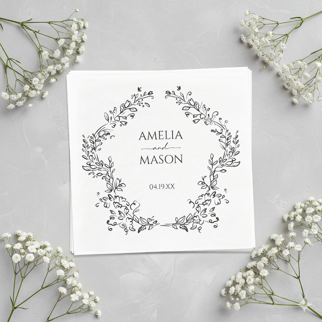 Simple Floral Frame Black and White Paper Wedding Napkin (Simple Floral Frame Black and White Paper Wedding Napkins)