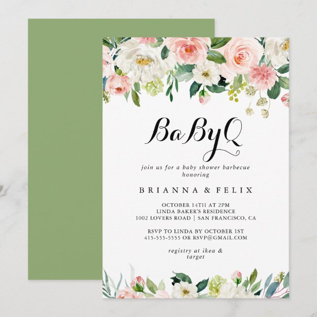 Simple Floral Green BabyQ Baby Shower Barbecue Invitation (Front/Back)