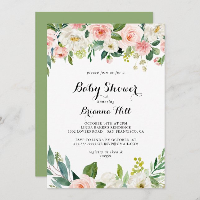 Simple Floral Green Calligraphy Baby Shower Invitation (Front/Back)