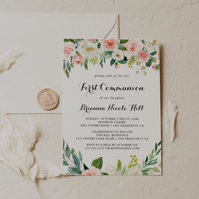 Simple Floral Green Calligraphy First Communion Invitation (Creator Uploaded)