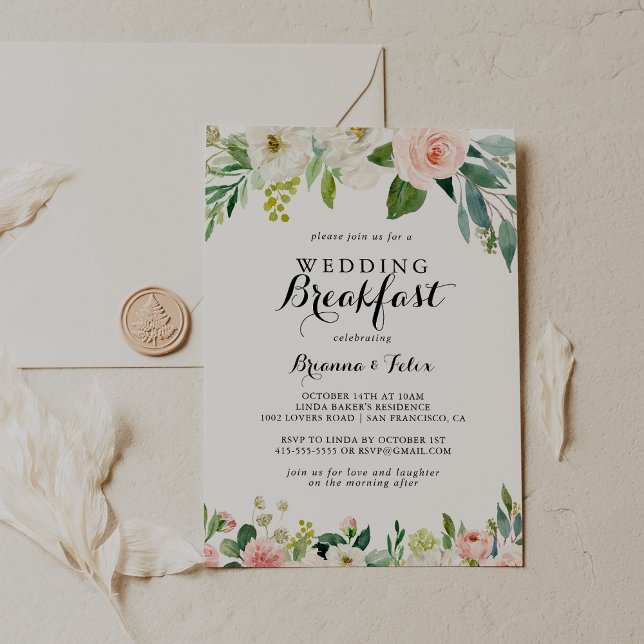 Simple Floral Green Calligraphy Wedding Breakfast Invitation (Creator Uploaded)
