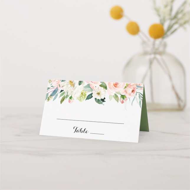 Simple Floral Green Calligraphy Wedding Place Card (Front)