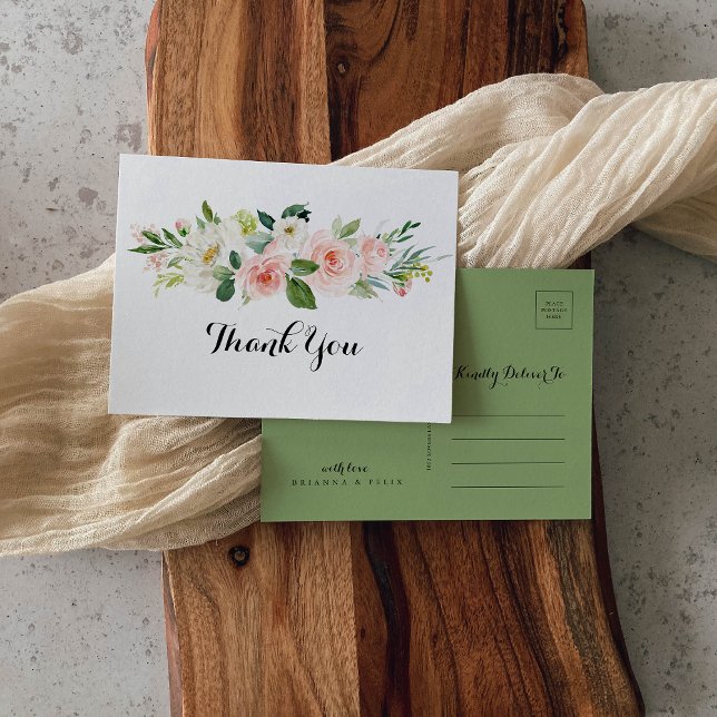 Simple Floral Green Foliage Calligraphy Thank You Postcard (Creator Uploaded)