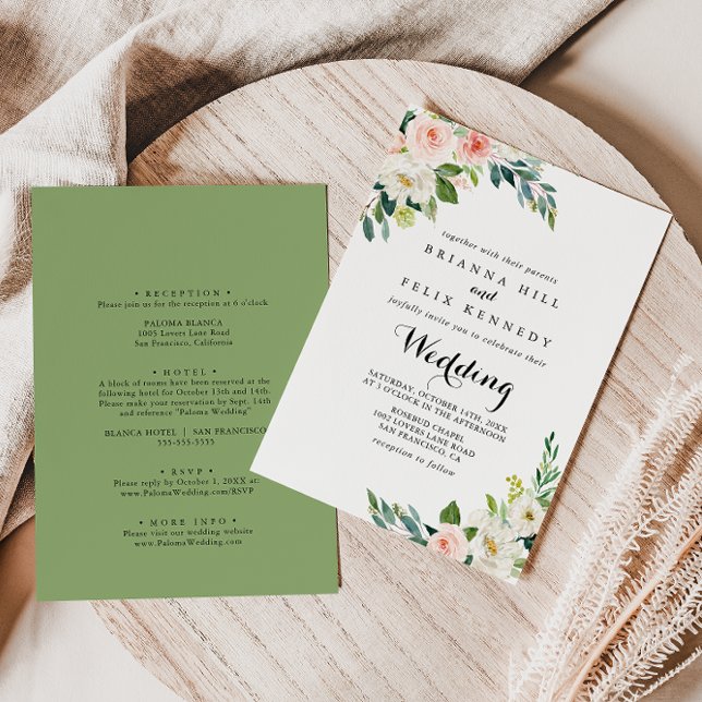 Simple Floral Green Foliage Front & Back Wedding Invitation (Creator Uploaded)