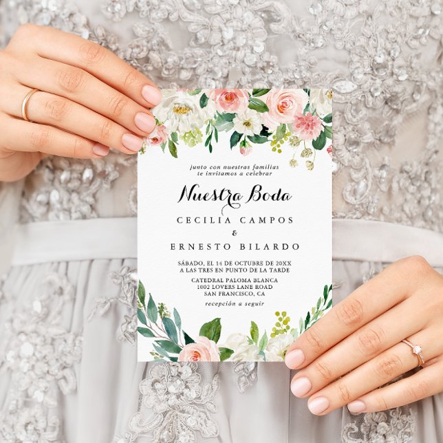 Simple Floral Green Foliage Nuestra Boda Wedding Invitation (Creator Uploaded)
