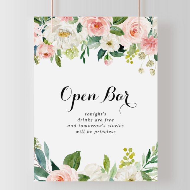 Simple Floral Green Foliage Wedding Open Bar Sign (Creator Uploaded)