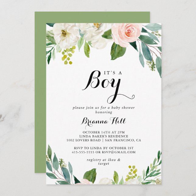 Simple Floral Green It's A Boy Baby Shower Invitation (Front/Back)
