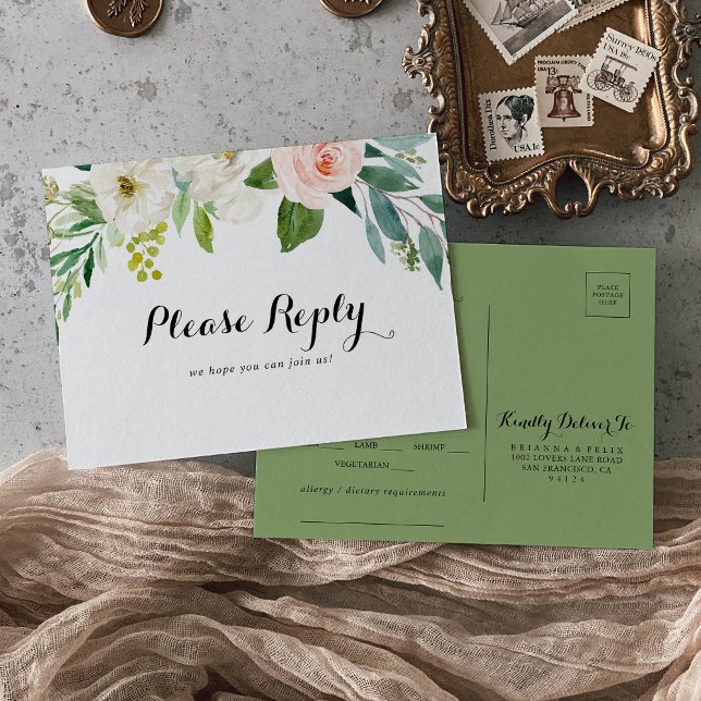 Simple Floral Green Menu Choice RSVP Postcard (Creator Uploaded)