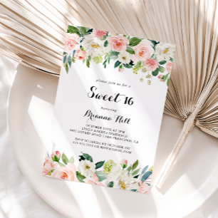 Simple Floral Green Sweet 16 Birthday Party Invitation