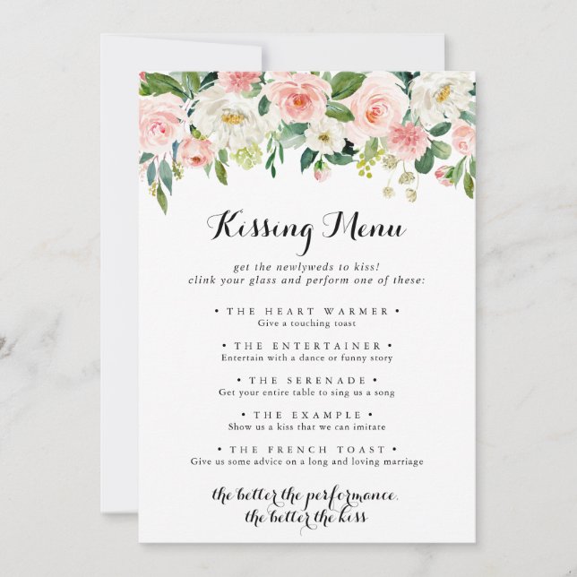 Simple Floral Green Wedding Kissing Menu Game Card (Front)