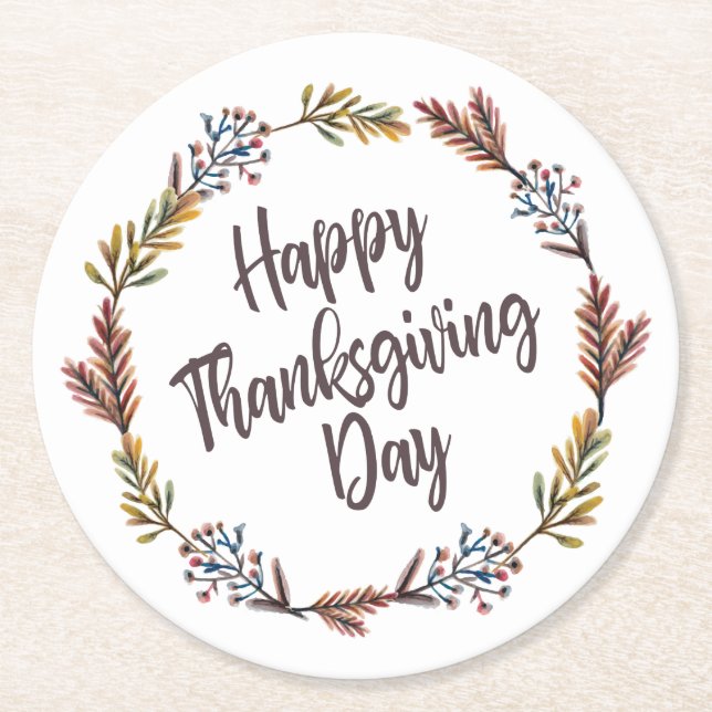 Simple Floral Happy Thanksgiving | Paper Coaster (Front)