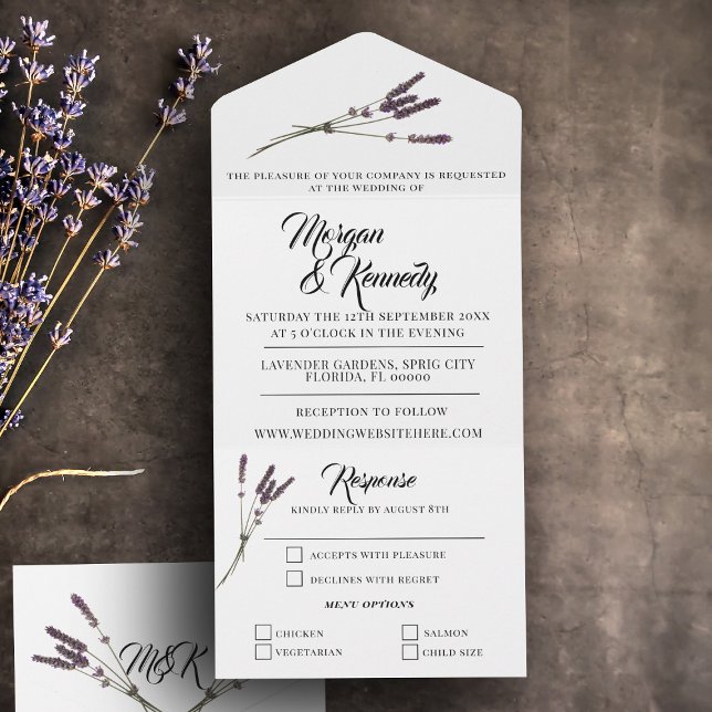 Simple Floral Lavender Sprig RSVP Wedding All In One Invitation (A lovely lavender all in one wedding invitation with attached RSVP waiting for your wedding details)