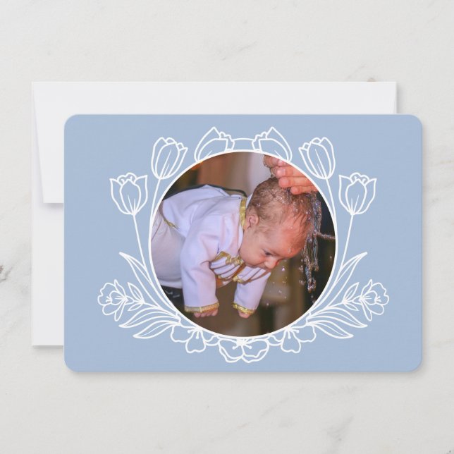 Simple Floral Light Blue Baptism Thank You Card (Front)