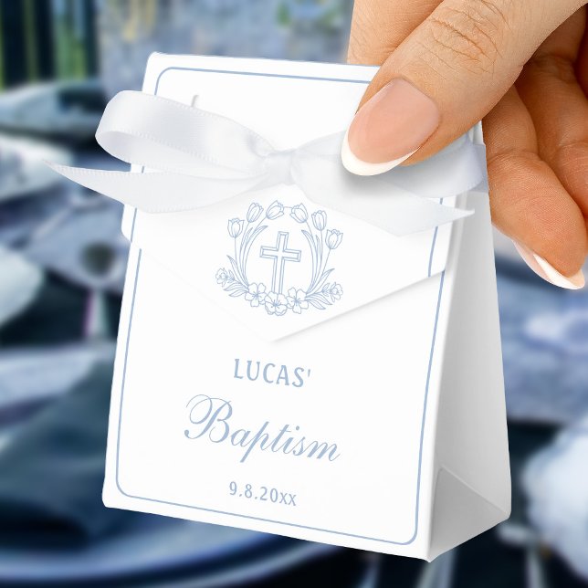 Simple Floral Light Blue Cross Baptism Small Tent Favour Box (Creator Uploaded)