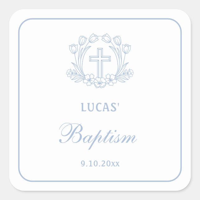 Simple Floral Light Blue Cross Baptism Square Sticker (Front)