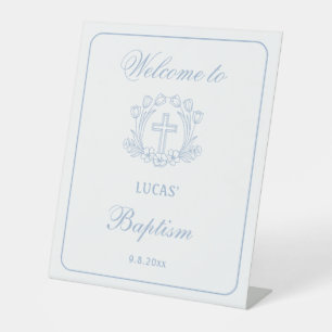 Simple Floral Light Blue Cross Baptism Welcome Pedestal Sign