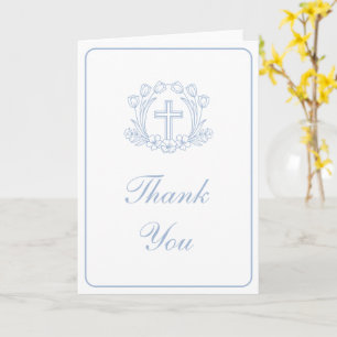 Simple Floral Light Blue Cross Religious Thank You Card