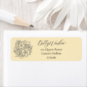 Simple Floral Line Art Black Peach Return Address