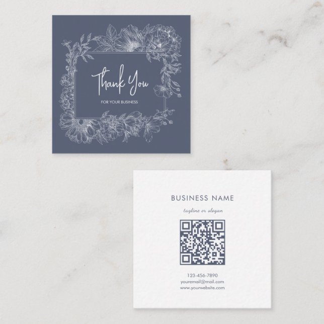 Simple Floral Line Muted Blue QR Code Thank You Square Business Card (Front/Back)
