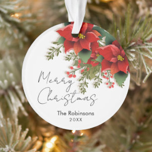 Simple Floral Merry Christmas Holiday Poinsettia  Ornament