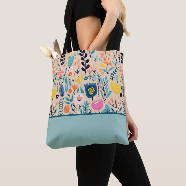 Simple Floral Modern Folk Art, Colour Block Tote Bag (Close Up)