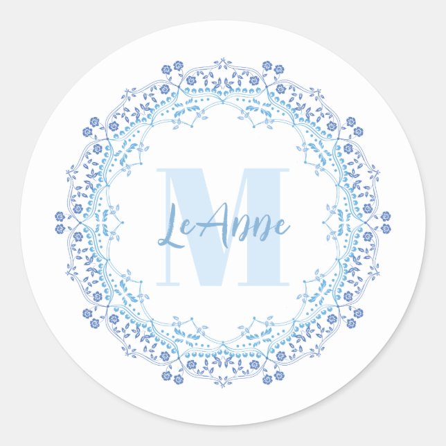 Simple Floral Monogram Elegant Initial Name Classic Round Sticker (Front)
