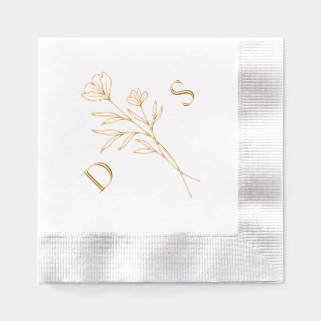Simple Floral Monogram Wedding Foil Napkins (Front)