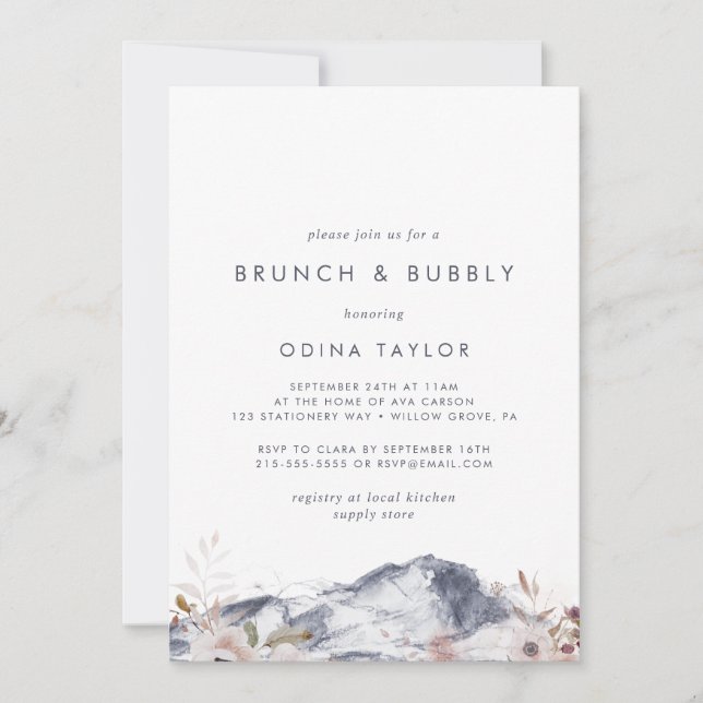 Simple Floral Mountain Brunch Bubbly Bridal Shower Invitation (Front)