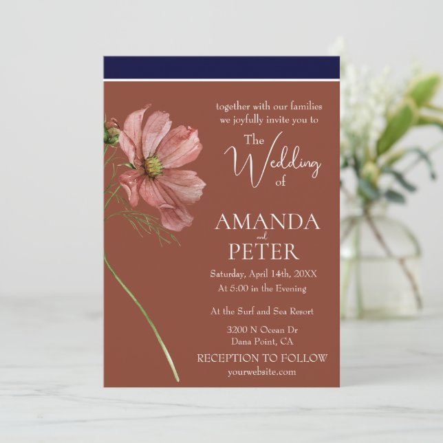 Simple Floral Navy and Terracotta Wedding  Invitation (Standing Front)
