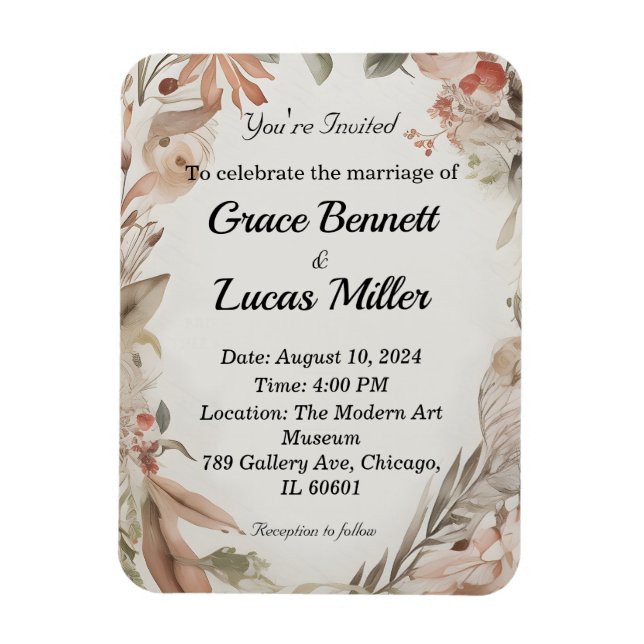 Simple floral painted soft wedding invitation magnet (Vertical)