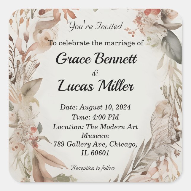 Simple floral painted soft wedding invitation square sticker (Front)