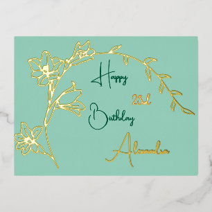 Simple Floral Pale Green & Gold Aged Foil Birthday Holiday Postcard