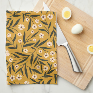 Simple Floral Pattern in Mustard Yellow and Green  Tea Towel