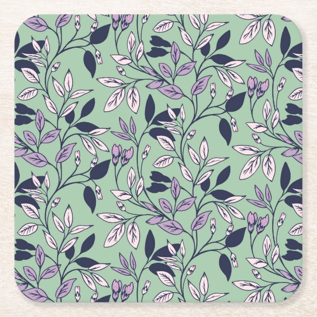 Simple Floral Pattern with Gentle Green Background Square Paper Coaster (Front)