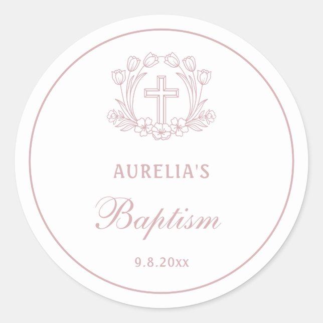 Simple Floral Pink Cross Baptism Classic Round Sticker (Front)